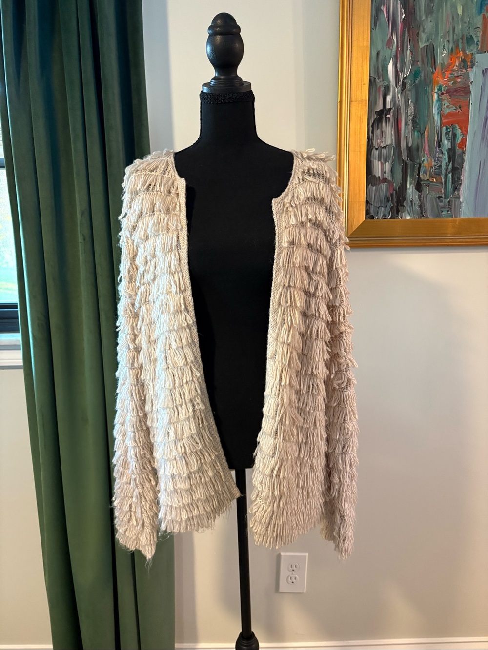 Beige Fringe Open-Front Women's Sweater Cardigan